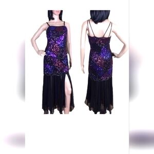 OLEG CASSINI Purple 100% Silk Beaded Gatsby Style Fringe Dress Size 10 Vintage